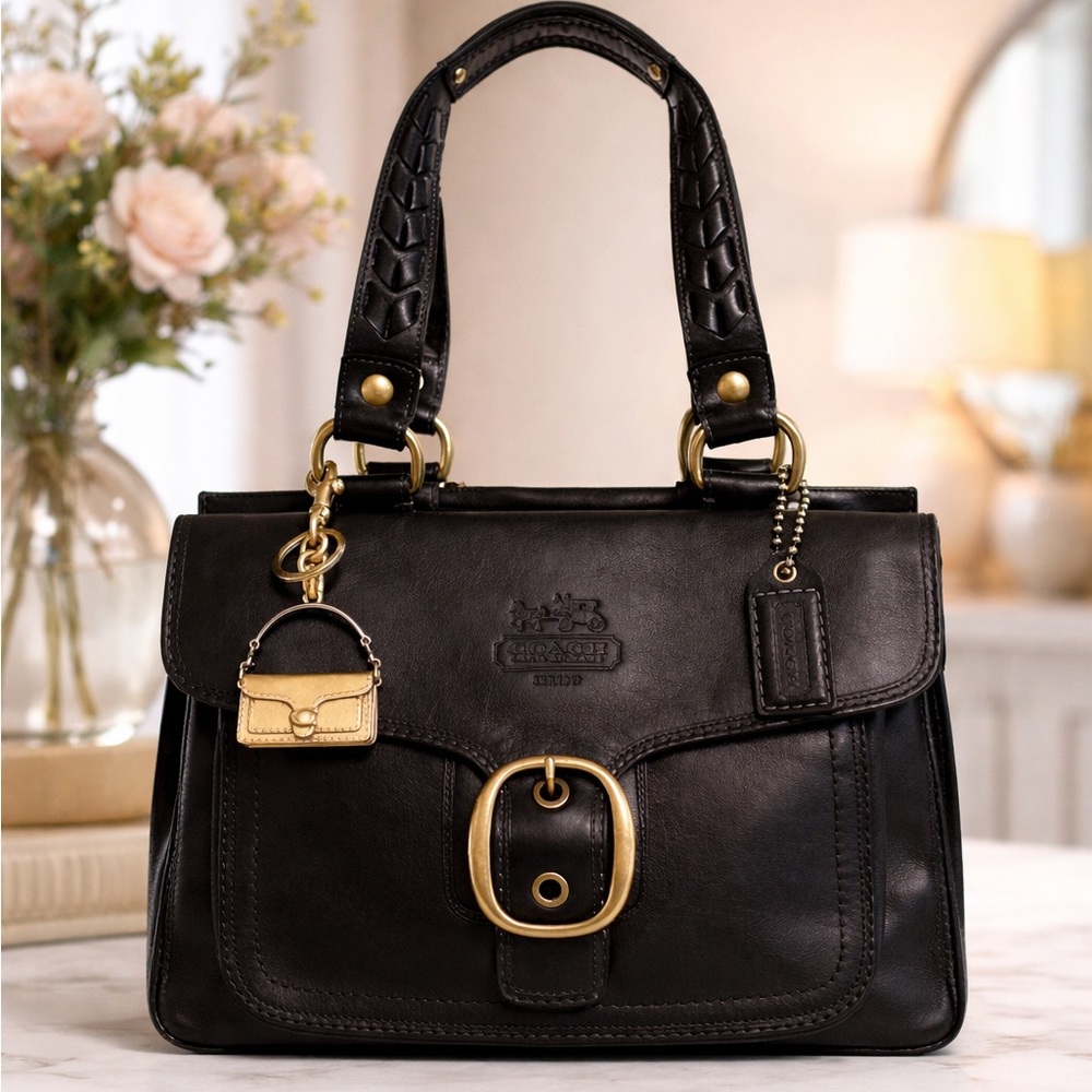 Vintage COACH Legacy BLEEKER Tattersall Black Leather Flap Satchel EUC!